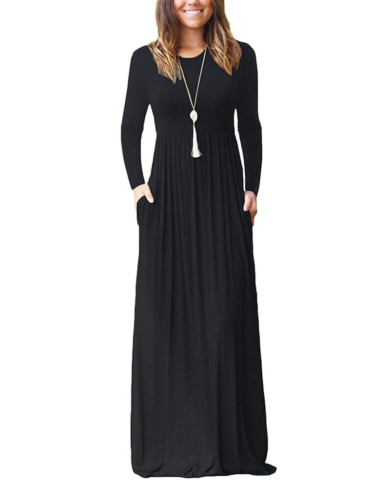 AUSELILY Women's Long Sleeve Dress Loose Plain Long Casual Maxi Dresses with Pockets 2026 New Black M - Image 1